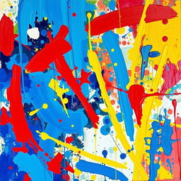 An abstract expressionist action painting in vivid colors, showcasing dynamic brushstrokes and splatters that convey energy and movement