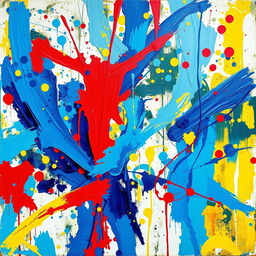 An abstract expressionist action painting in vivid colors, showcasing dynamic brushstrokes and splatters that convey energy and movement