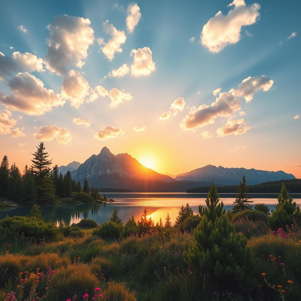 A beautifully enhanced image of a serene landscape featuring a majestic mountain range in the background