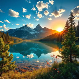 A beautifully enhanced image of a serene landscape featuring a majestic mountain range in the background