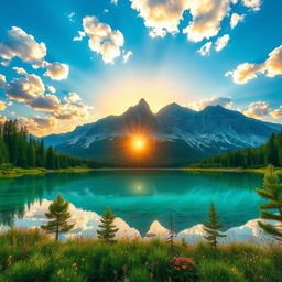 A beautifully enhanced image of a serene landscape featuring a majestic mountain range in the background