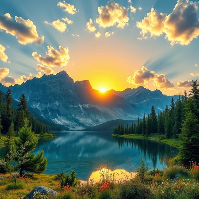 A beautifully enhanced image of a serene landscape featuring a majestic mountain range in the background