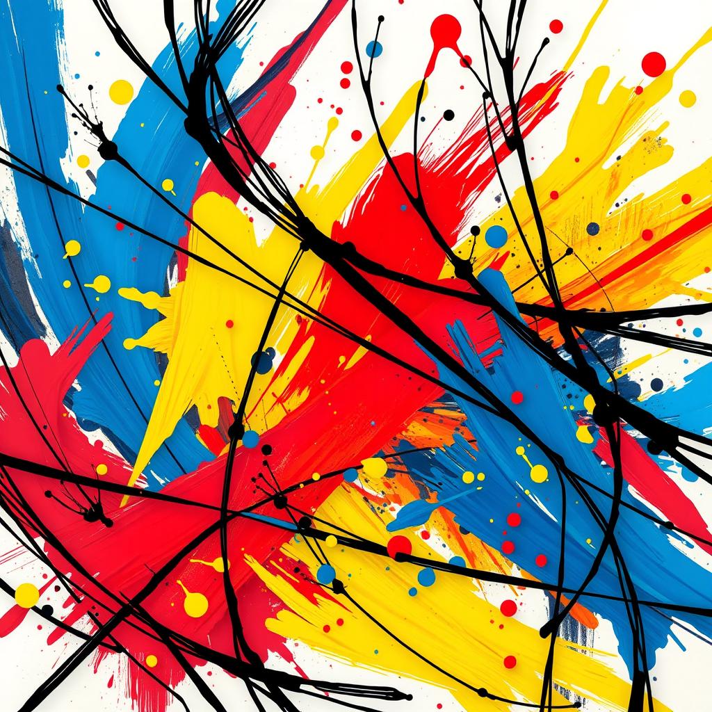 An abstract digital action painting, featuring vibrant splashes of color in a whirlwind of energy