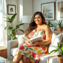 A beautiful plus-size woman sitting in a cozy, softly lit living room, wearing a stylish and colorful summer dress