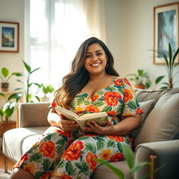 A beautiful plus-size woman sitting in a cozy, softly lit living room, wearing a stylish and colorful summer dress