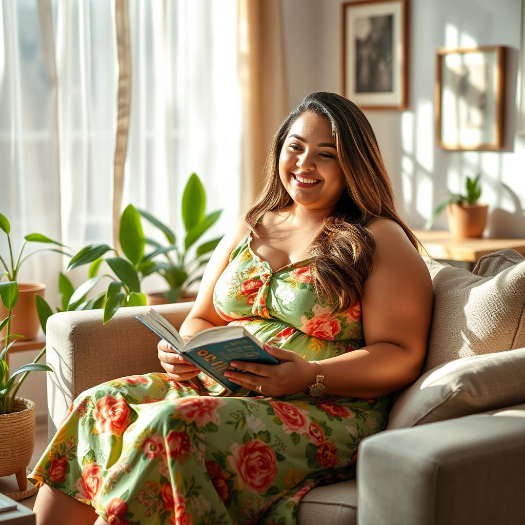 A beautiful plus-size woman sitting in a cozy, softly lit living room, wearing a stylish and colorful summer dress
