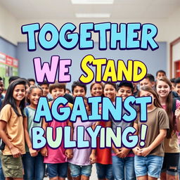 A powerful anti-bullying poster featuring a diverse group of students standing together in solidarity against bullying