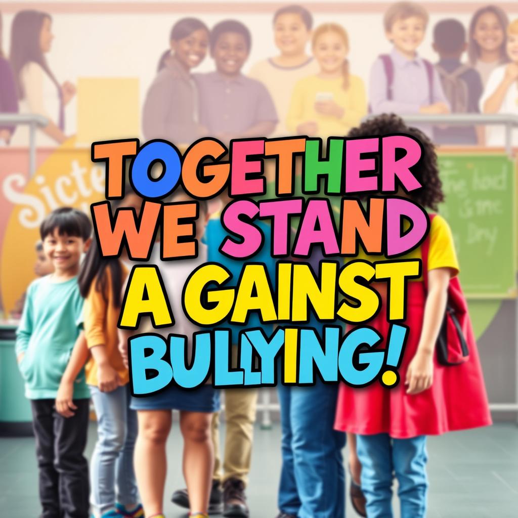 A powerful anti-bullying poster featuring a diverse group of students standing together in solidarity against bullying