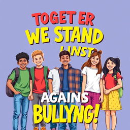 A powerful anti-bullying poster featuring a diverse group of students standing together in solidarity against bullying