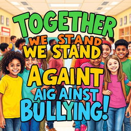 A powerful anti-bullying poster featuring a diverse group of students standing together in solidarity against bullying
