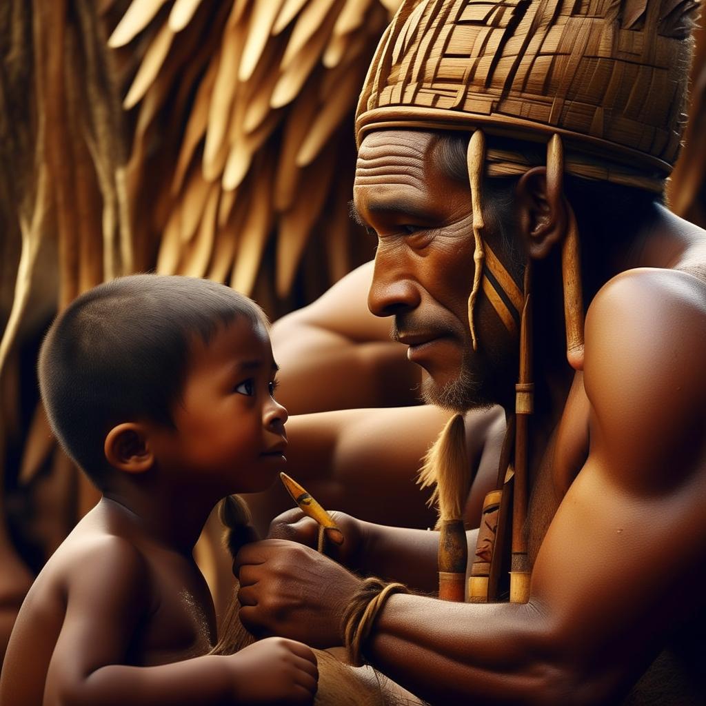 Produce a Disney Pixar style movie poster of a Melanesian father from Vanuatu, teaching his young son the traditional skill of carving a tamtam. The image reveals details of their cultural heritage, fatherly love and learning.