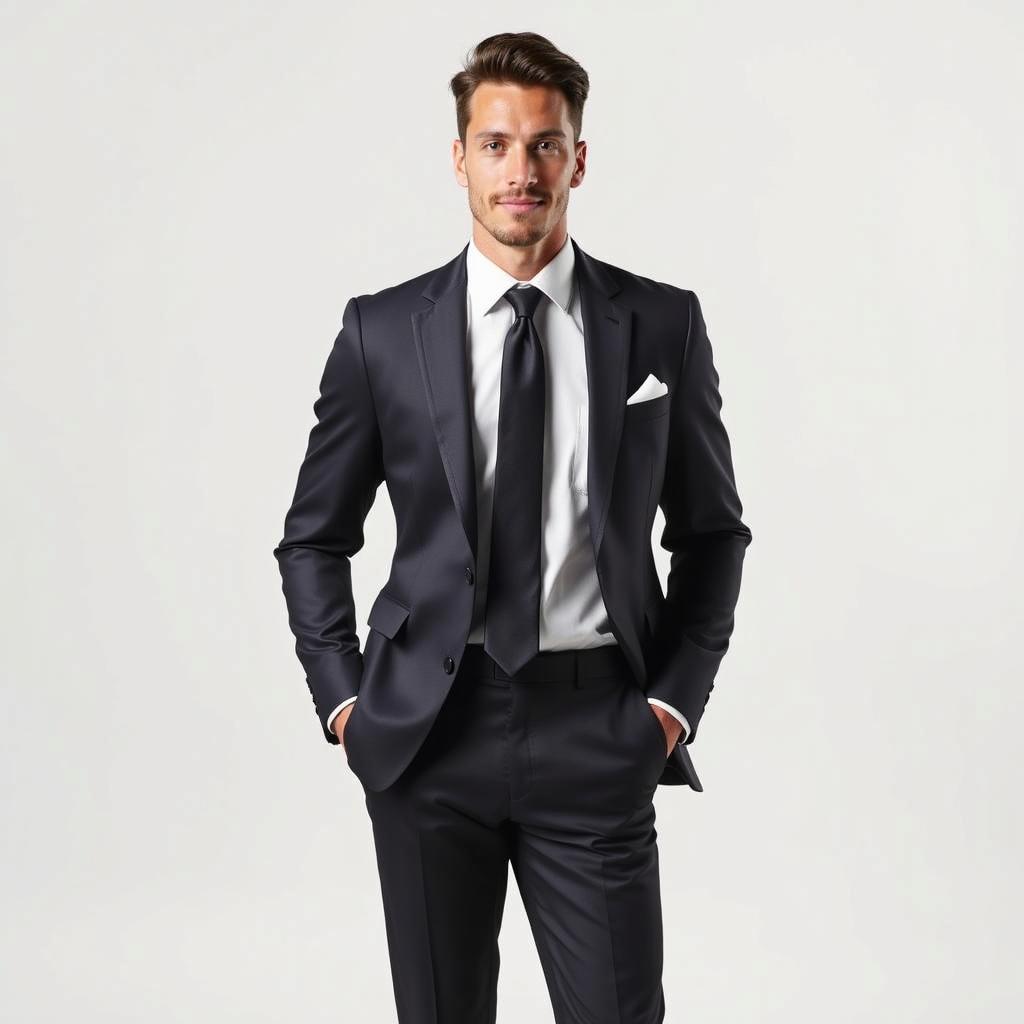 A handsome young man wearing a perfectly tailored navy suit