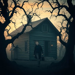 A pale young man walking away from an old wooden house at dawn, carrying a small bag