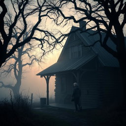 A pale young man walking away from an old wooden house at dawn, carrying a small bag