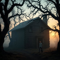 A pale young man walking away from an old wooden house at dawn, carrying a small bag