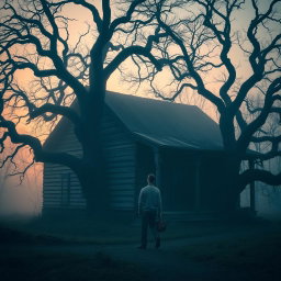 A pale young man walking away from an old wooden house at dawn, carrying a small bag