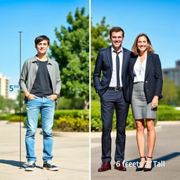 A visual comparison of two individuals standing straight side by side to highlight their height difference