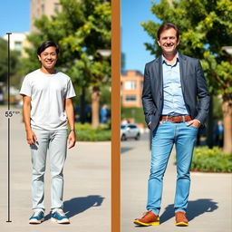 A visual comparison of two individuals standing straight side by side to highlight their height difference