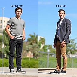 A visual comparison of two individuals standing straight side by side to highlight their height difference