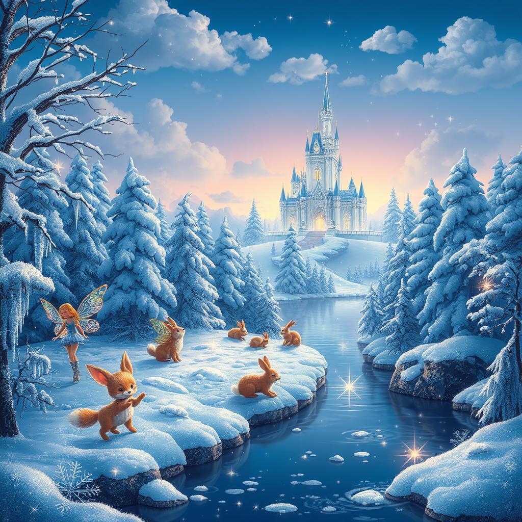 A whimsical winter fantasy scene featuring a magical snow-covered forest