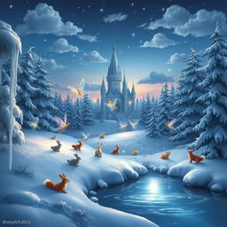 A whimsical winter fantasy scene featuring a magical snow-covered forest