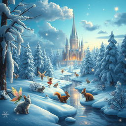A whimsical winter fantasy scene featuring a magical snow-covered forest