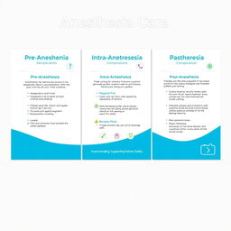 A professional banner design for Anesthesia Care, showcasing clear and concise information about complications in Pre-Anesthesia, Intra-Anesthesia, and Post-Anesthesia stages