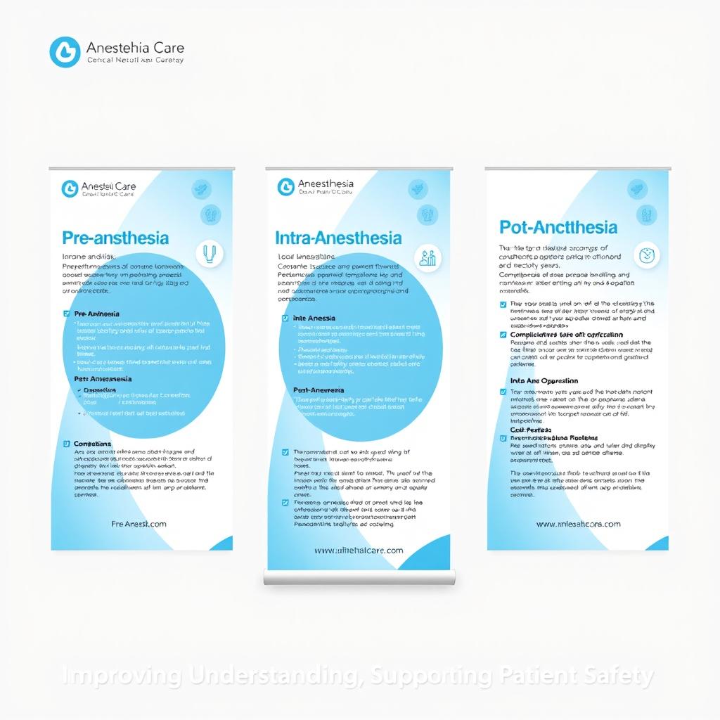 A professional banner design for Anesthesia Care, showcasing clear and concise information about complications in Pre-Anesthesia, Intra-Anesthesia, and Post-Anesthesia stages
