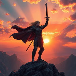 A heroic figure standing tall on a mountain peak, silhouetted against a breathtaking sunset