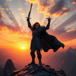 A heroic figure standing tall on a mountain peak, silhouetted against a breathtaking sunset