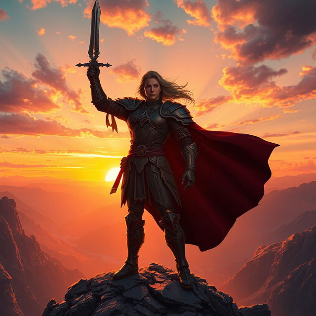 A heroic figure standing tall on a mountain peak, silhouetted against a breathtaking sunset