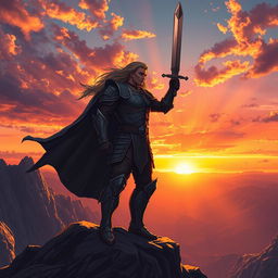 A heroic figure standing tall on a mountain peak, silhouetted against a breathtaking sunset