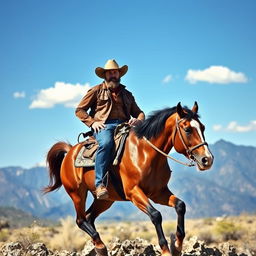 A rugged cowboy confidently riding a powerful horse on a majestic mountain landscape