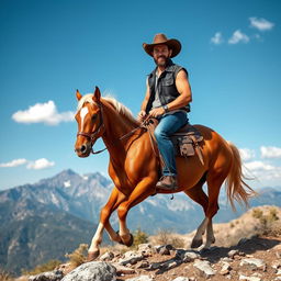 A rugged cowboy confidently riding a powerful horse on a majestic mountain landscape