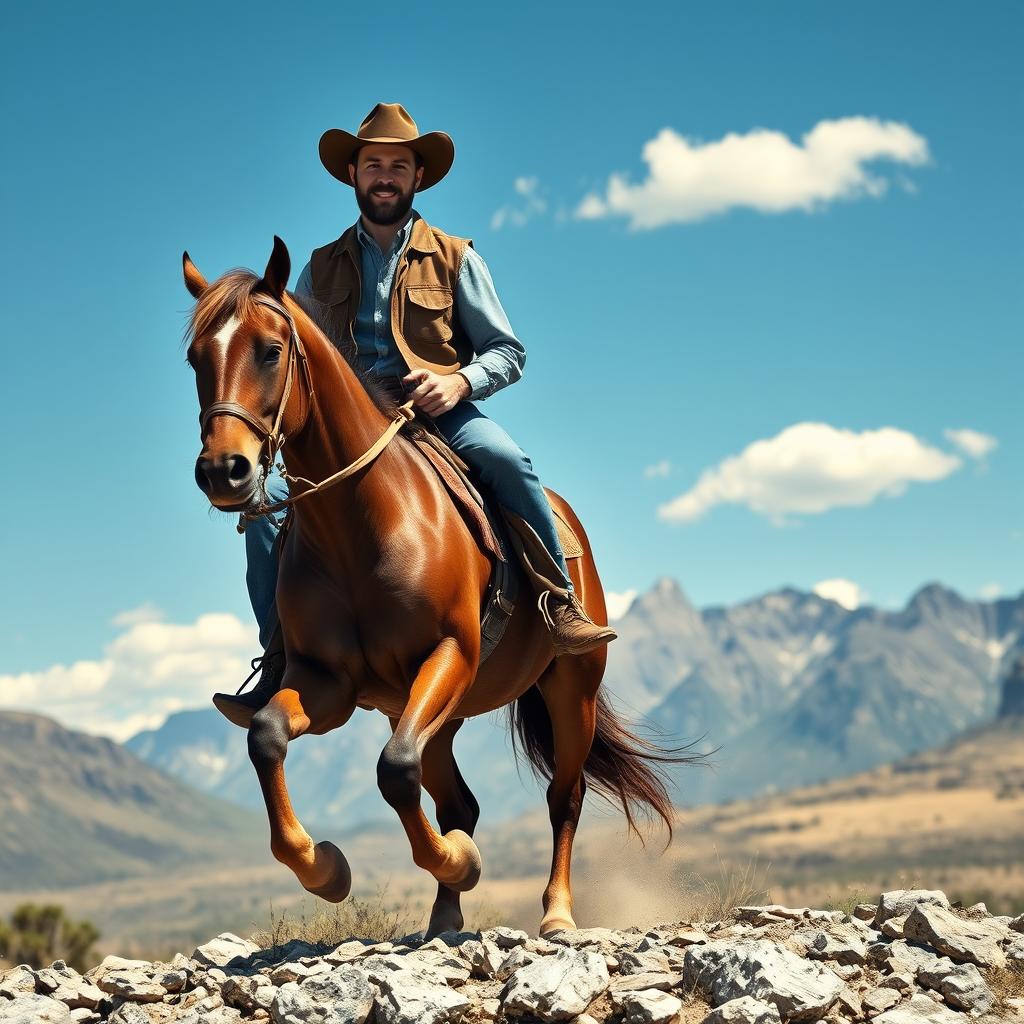 A rugged cowboy confidently riding a powerful horse on a majestic mountain landscape