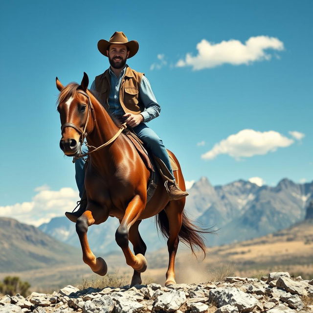 A rugged cowboy confidently riding a powerful horse on a majestic mountain landscape
