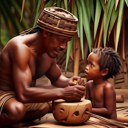 Produce a Disney Pixar style movie poster of a Melanesian father from Vanuatu, teaching his young son the traditional skill of carving a tamtam. The image reveals details of their cultural heritage, fatherly love and learning.