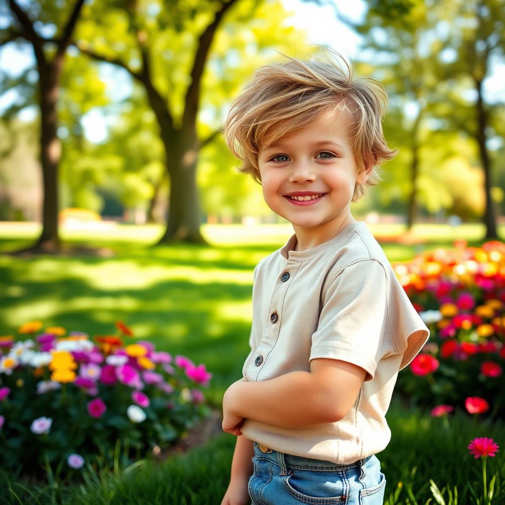 A cute boy with tousled sandy blonde hair and bright blue eyes, wearing a cheerful smile