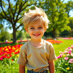 A cute boy with tousled sandy blonde hair and bright blue eyes, wearing a cheerful smile
