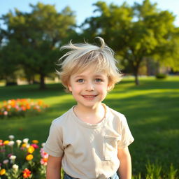 A cute boy with tousled sandy blonde hair and bright blue eyes, wearing a cheerful smile