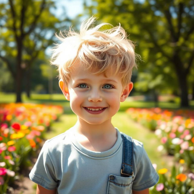 A cute boy with tousled sandy blonde hair and bright blue eyes, wearing a cheerful smile