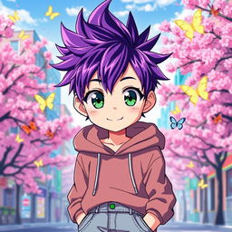 An adorable anime boy with vibrant spiky purple hair and large expressive green eyes