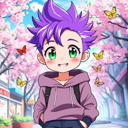 An adorable anime boy with vibrant spiky purple hair and large expressive green eyes