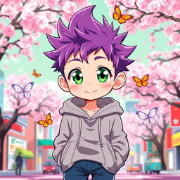 An adorable anime boy with vibrant spiky purple hair and large expressive green eyes