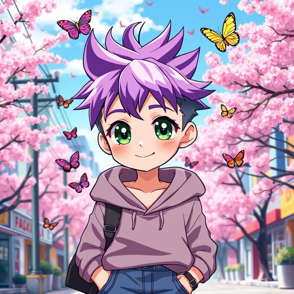 An adorable anime boy with vibrant spiky purple hair and large expressive green eyes