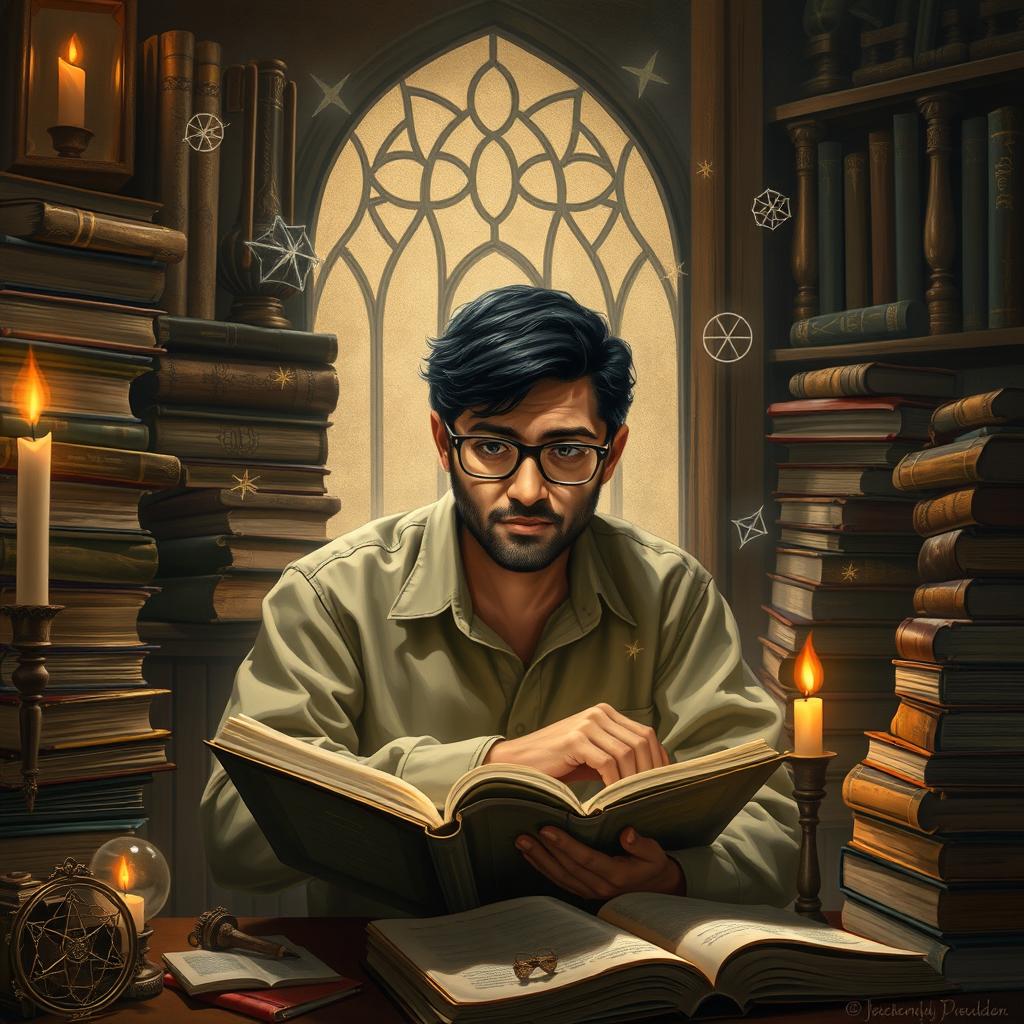 A portrait of an intelligent and studious individual named Parsa, deeply engrossed in studying topics related to the supernatural and powers