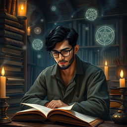 A portrait of an intelligent and studious individual named Parsa, deeply engrossed in studying topics related to the supernatural and powers