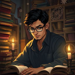 A portrait of an intelligent and studious individual named Parsa, deeply engrossed in studying topics related to the supernatural and powers