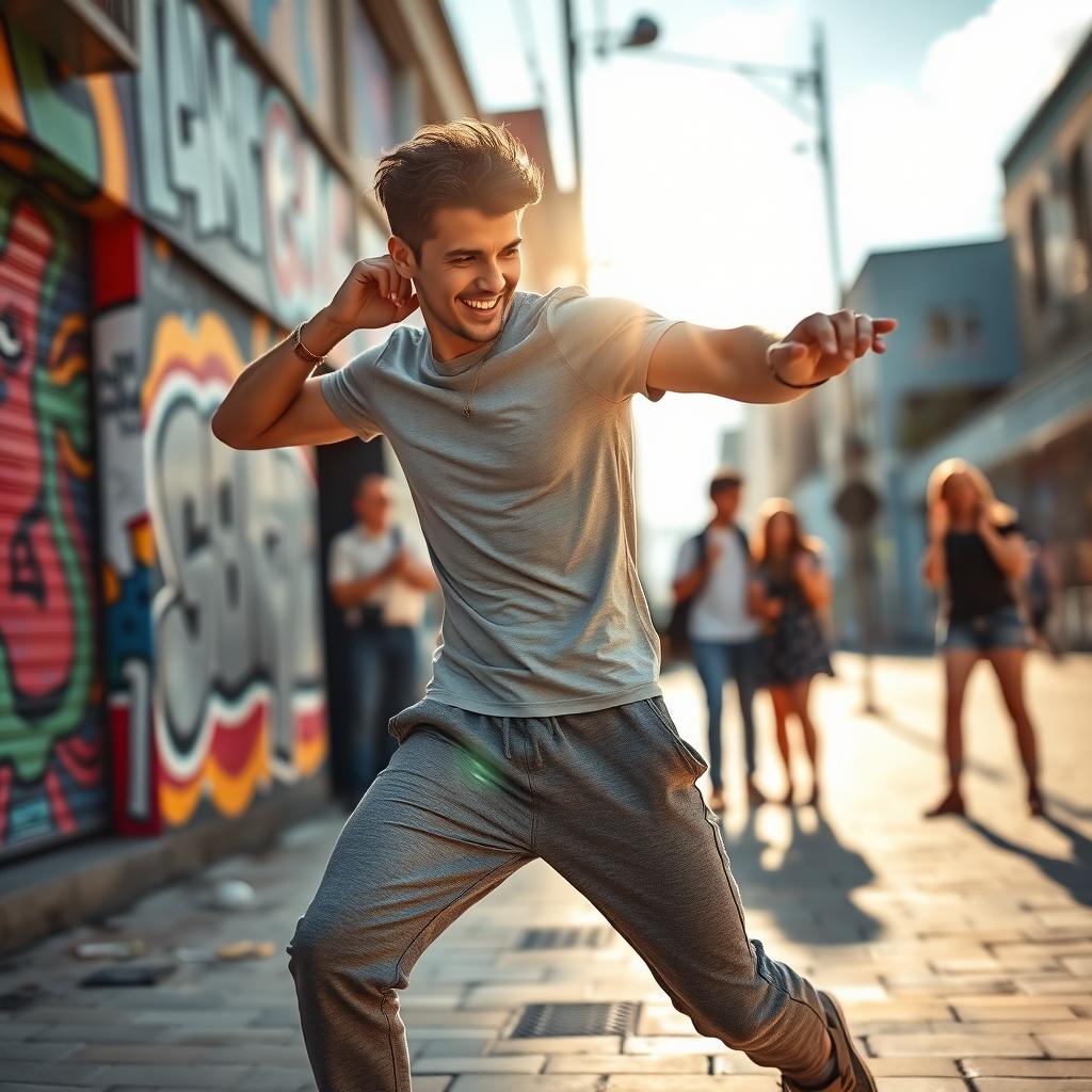 A captivating scene of a stylish young man dancing energetically in a vibrant urban environment