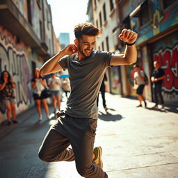 A captivating scene of a stylish young man dancing energetically in a vibrant urban environment